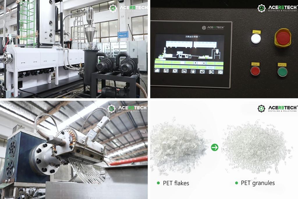 ACERETECH ASE single-screw PET bottle flake recycling and pelletizing machine with double vacuum degassing system