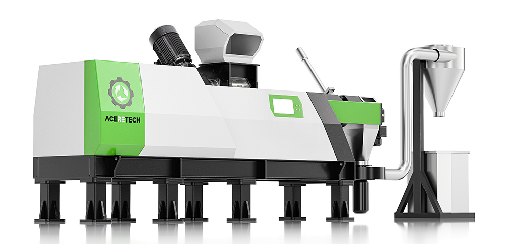 The ASP single-screw extrusion production line is used for shredding and pelletizing recycled materials within the factory