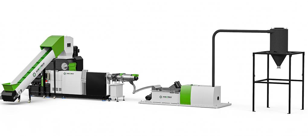 The ASP single-screw extrusion production line is used for shredding and pelletizing recycled materials within the factory